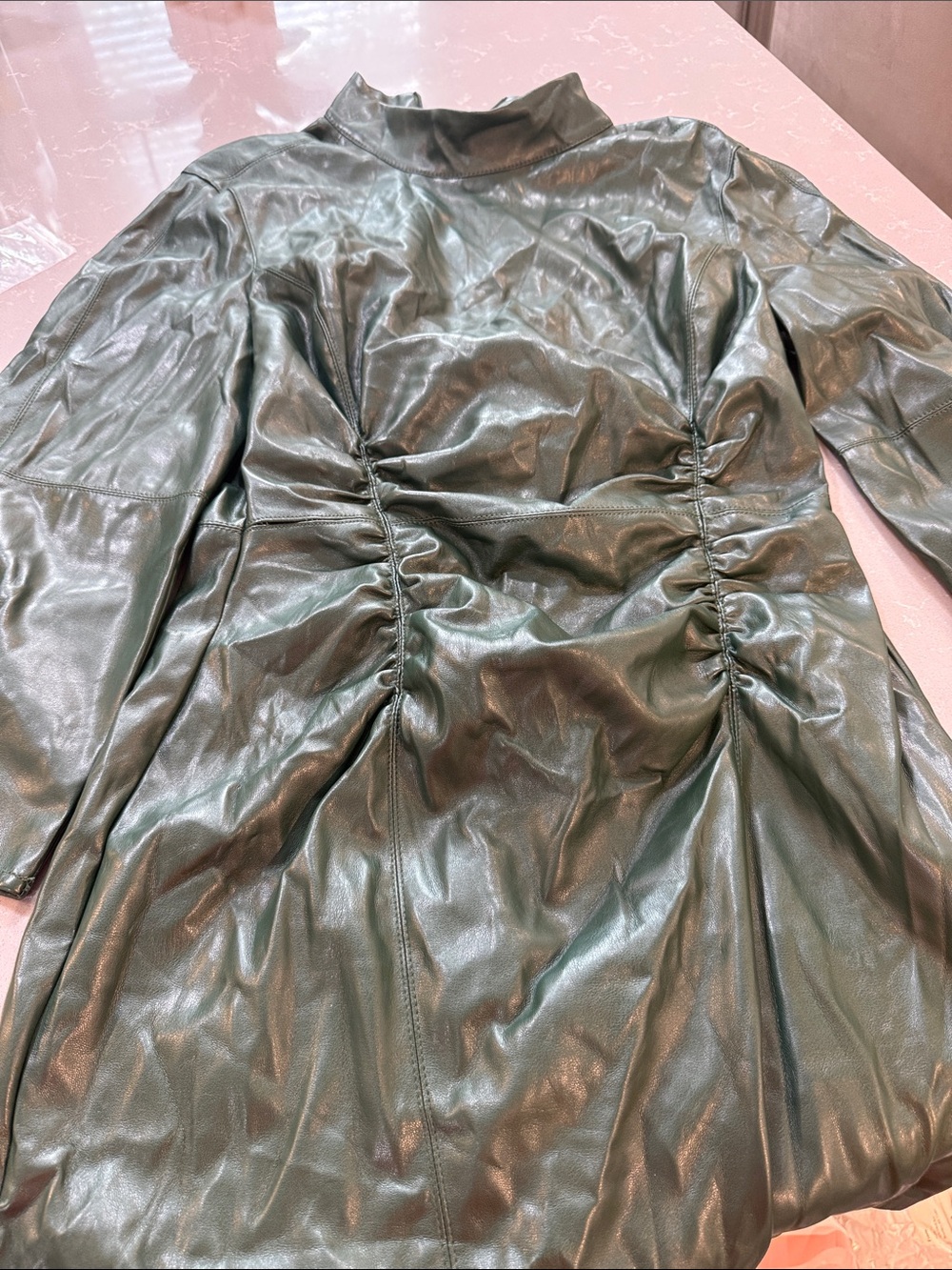 Zara Dark Green Faux Leather Gathered Waist Jacket